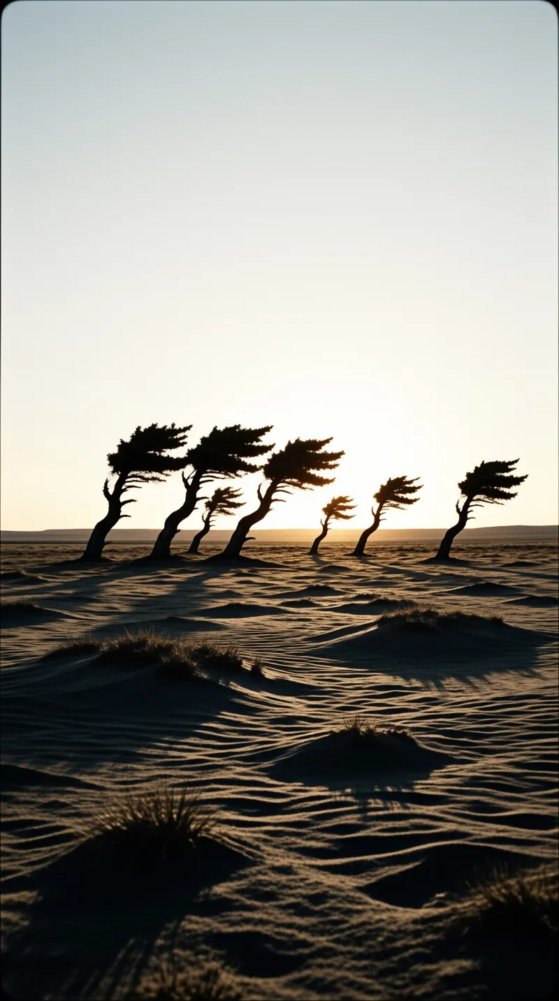 A group of bent pine trees stand as dark silhouettes across a rippled sandy desert landscape during the golden hour of low sunlight.