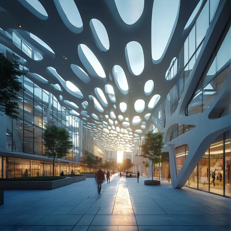 A porous organic white canopy stretches over a shopping plaza as golden late day light streams through its holes onto stone paving and glass shops.