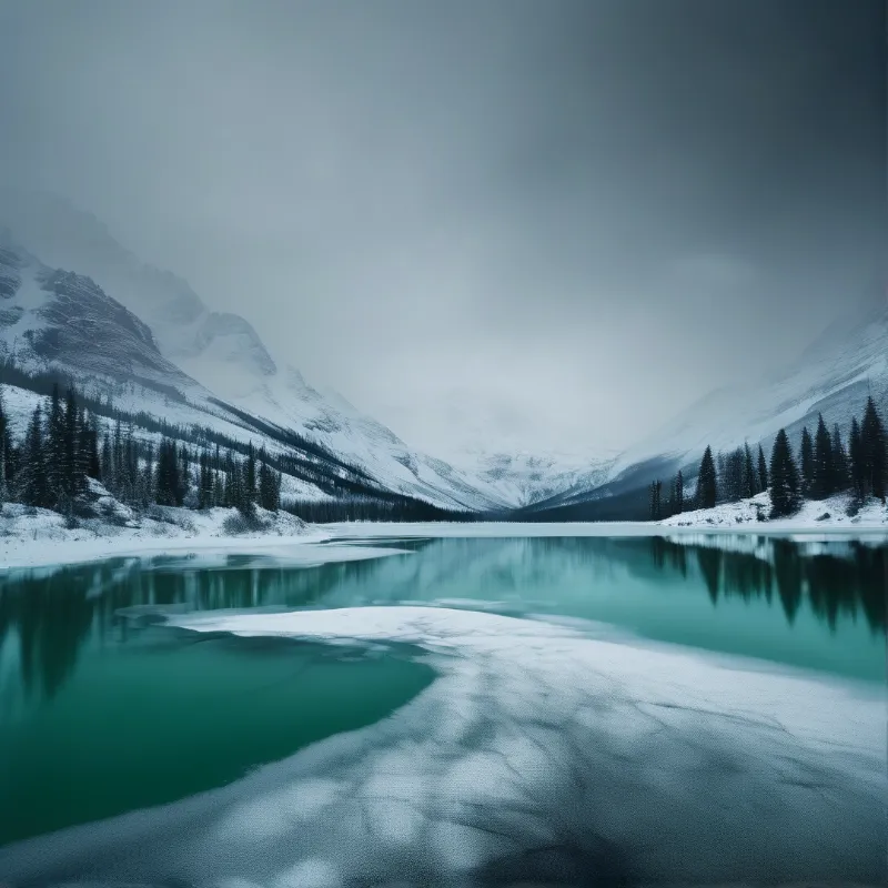A partially frozen turquoise lake sits between snow-covered mountains and evergreen forests under a cloudy grey sky.