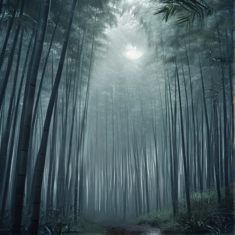Dense bamboo trees rise vertically through thick fog while a bright light glows softly above the forest canopy.