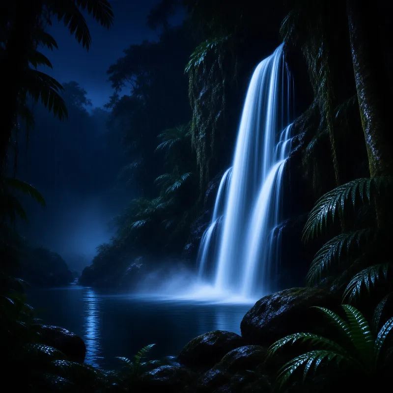 Bright water plunges from cliffs into a pool surrounded by ferns and mist during the quiet hours of night.