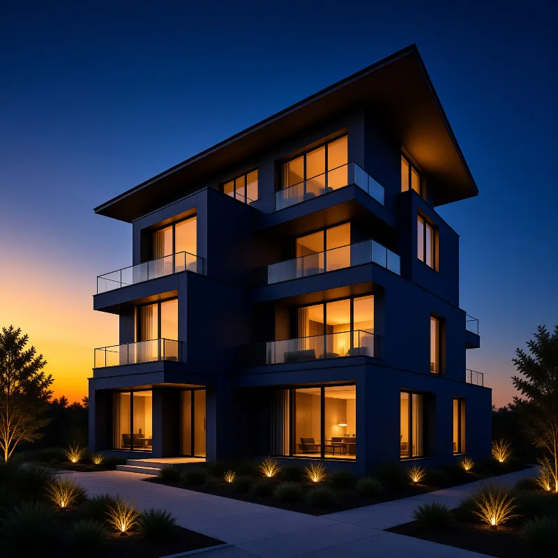 A multi-story contemporary residence showcases a dark facade illuminated by warm interior lights against a gradient sky transitioning from orange to deep blue.