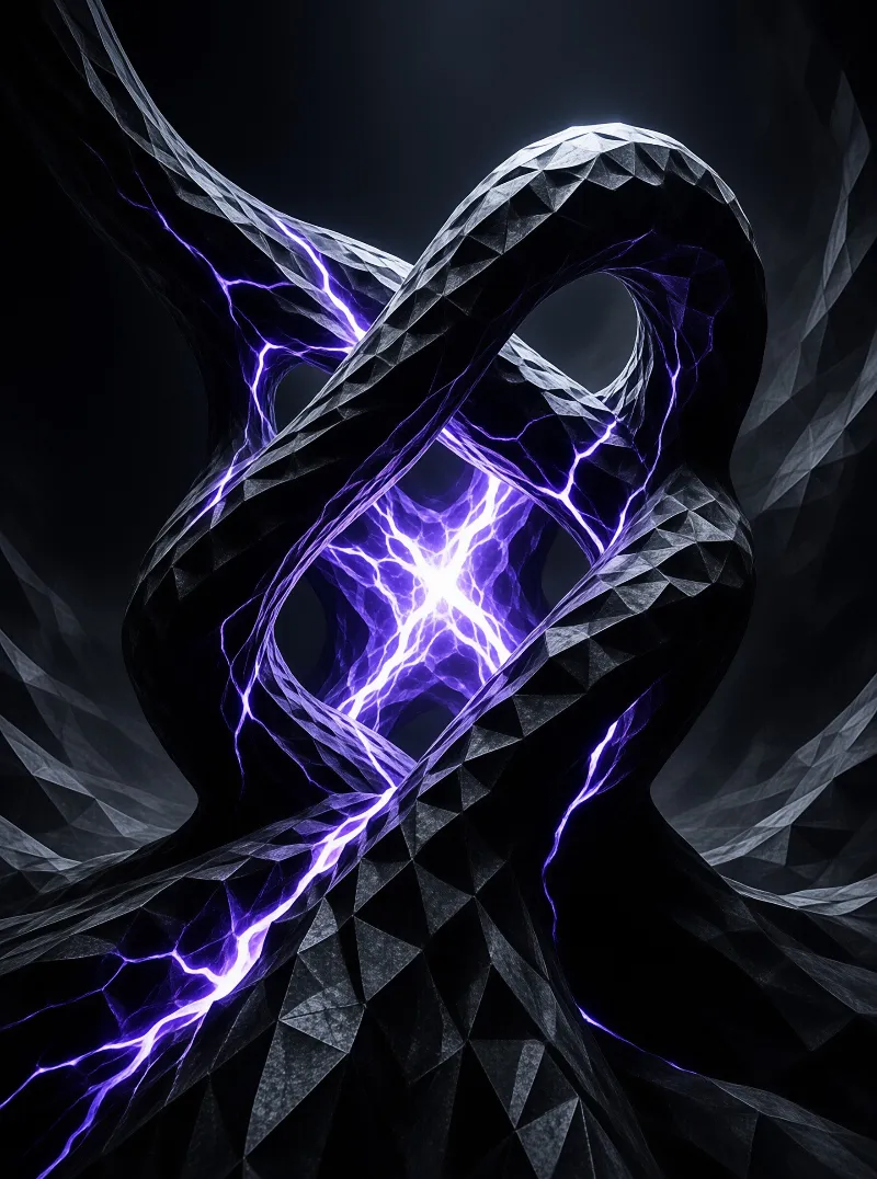 Vivid violet electric arcs thread through an angular obsidian sculpture against a deep black backdrop.