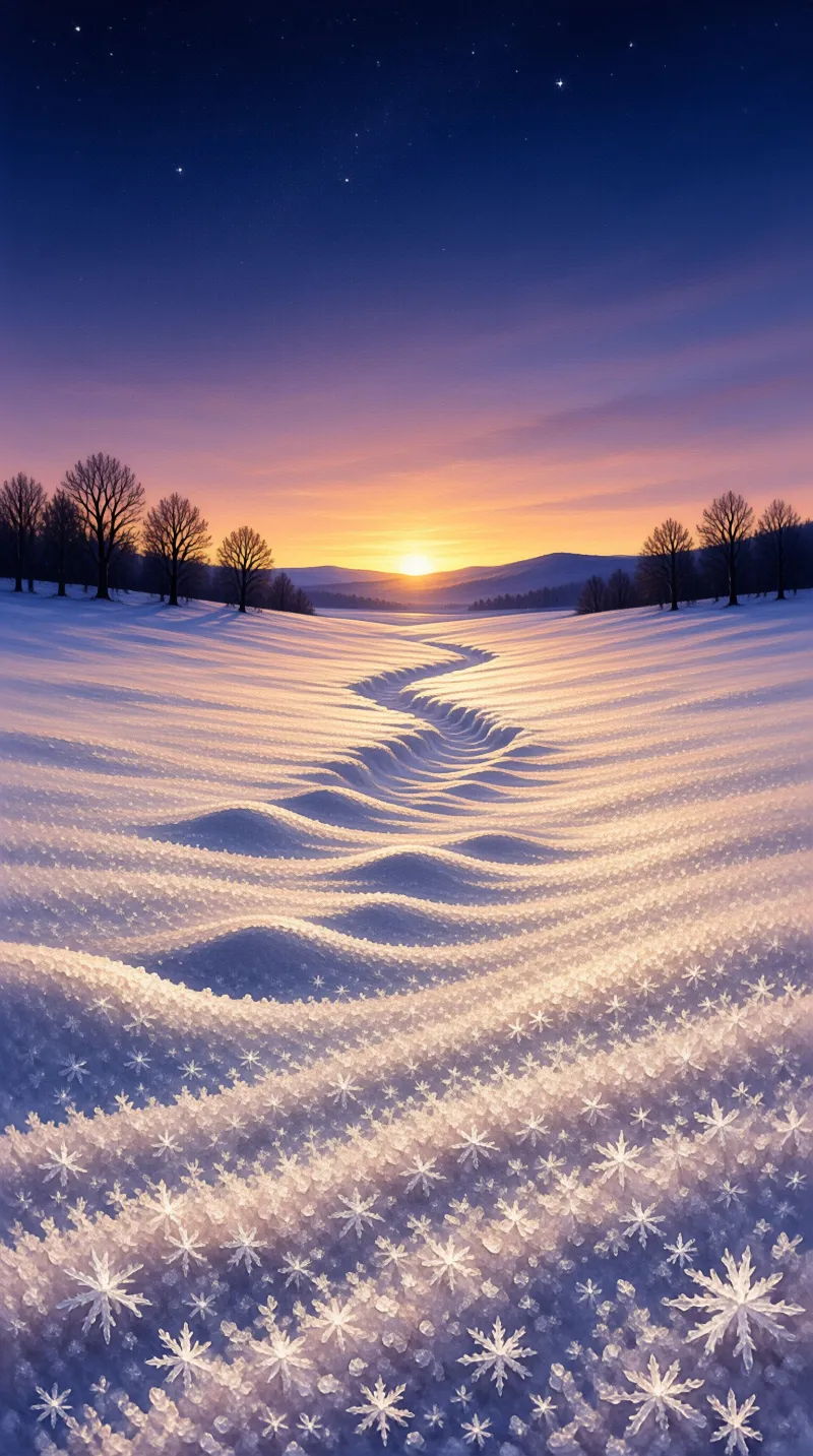 Fine ice crystals texture rolling hills of fresh snow as low sun glows beneath a star-dusted violet sky