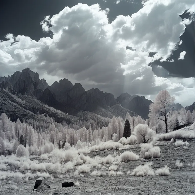Monochrome landscape featuring jagged peaks rising behind a forest of frost-covered trees under dramatic clouds