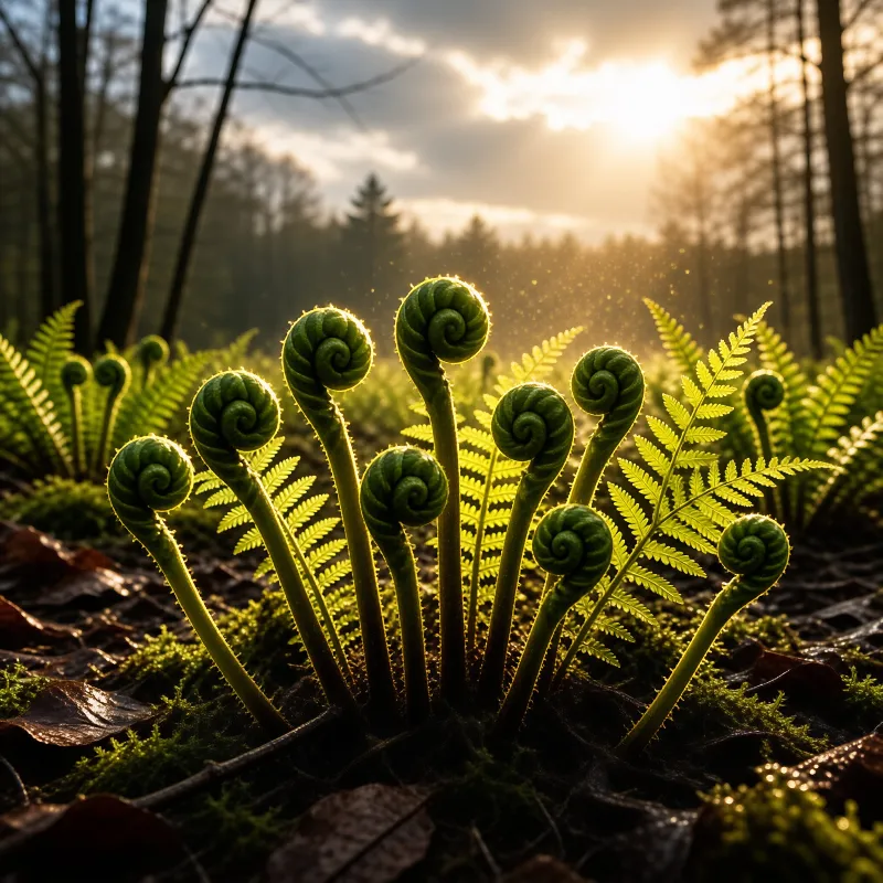 Unfurling Ferns in Golden Light