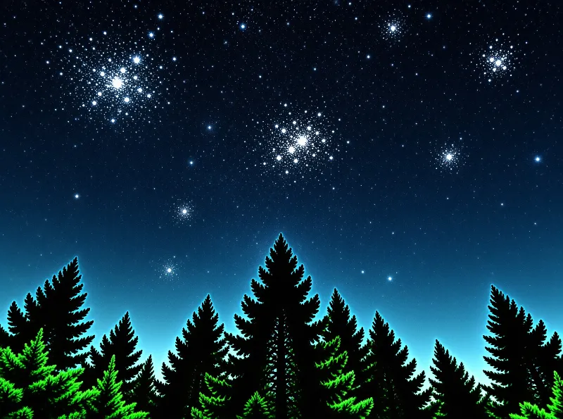 Silhouetted pine trees with glowing green needles stand against a deep blue night sky filled with bright star clusters.