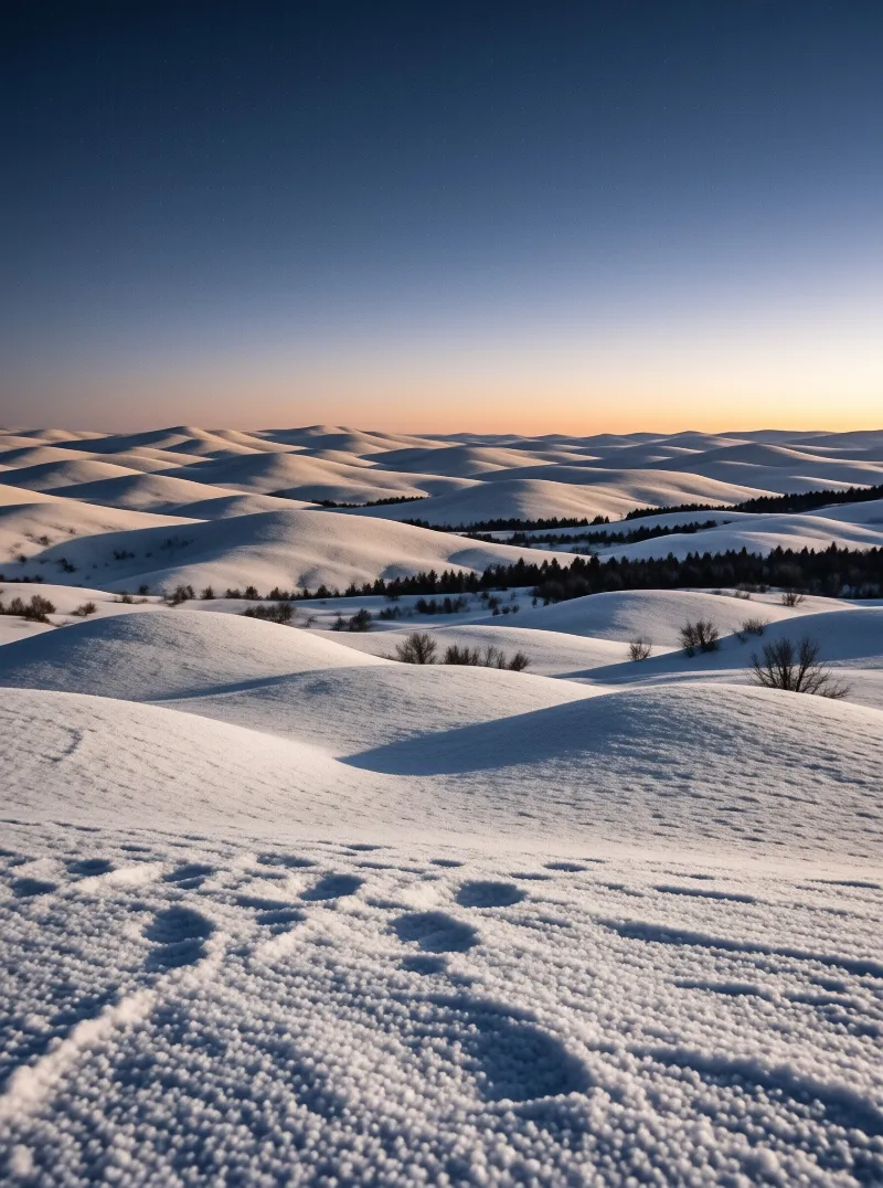 Footprints lead across rolling white landscapes as the sun sets on the distant horizon.