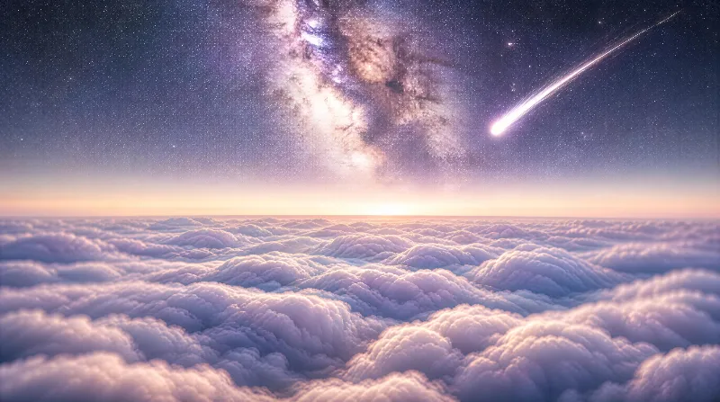 A vast cloud sea lies beneath a starry sky showcasing the Milky Way galaxy and a bright meteor streak, bathed in the soft glow of dawn