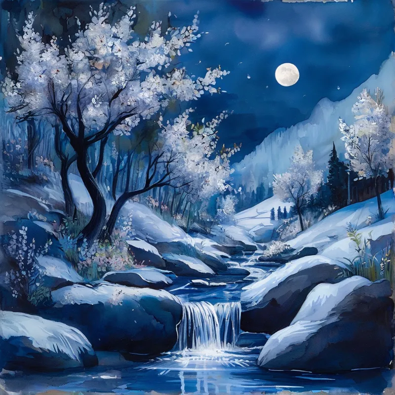 A serene winter scene features a cascading stream and a blossoming tree illuminated by a bright full moon.