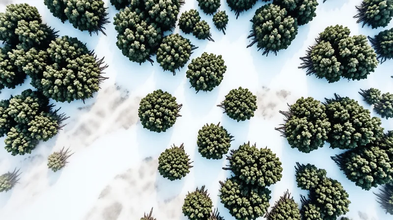 Aerial view of green shrub-like trees scattered across a white snowy field with long shadows cast by low sun.