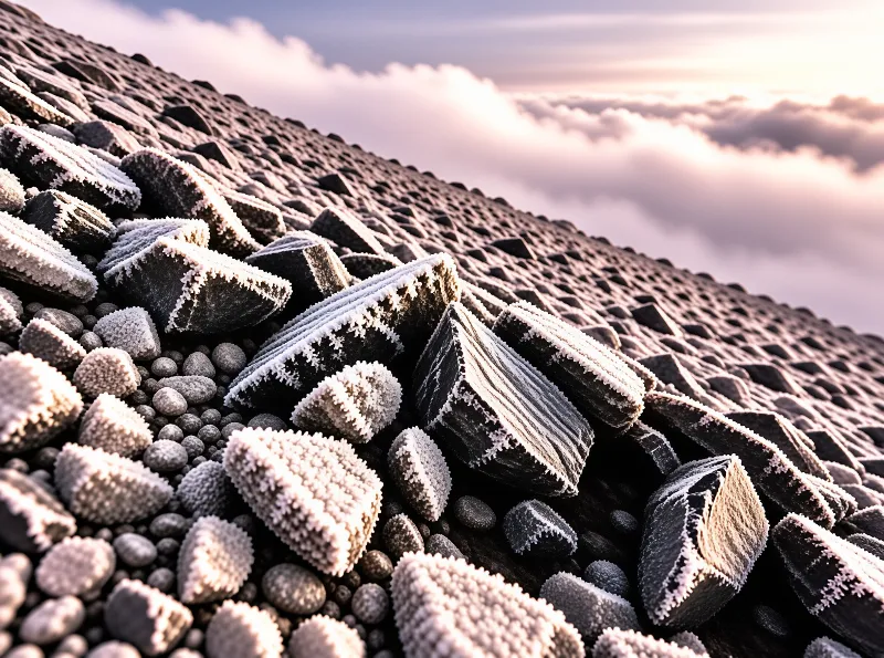 A surreal terrain featuring dark layered surfaces with white edges and rounded stones beneath a cloudy horizon.