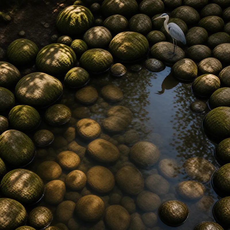 A grey heron stands on smooth rounded boulders surrounding a clear shallow woodland pond.