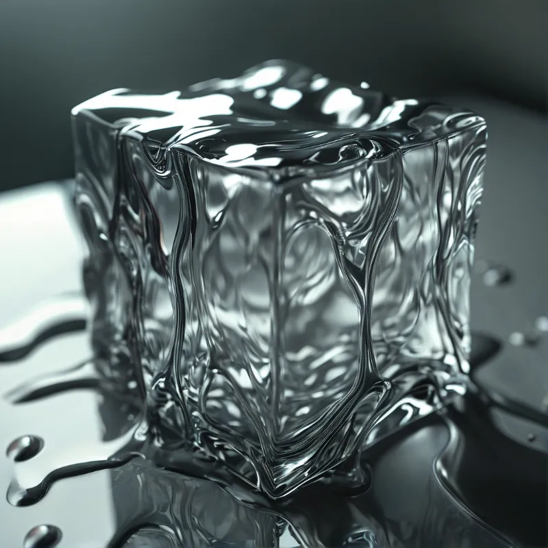 A shiny chrome cube with wavy melted surface sits on a glossy dark reflective surface under studio lighting.