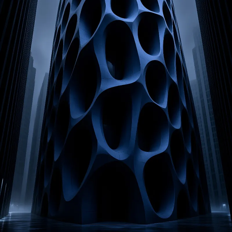 A towering structure with a porous design dominates a foggy cityscape under dim blue lighting