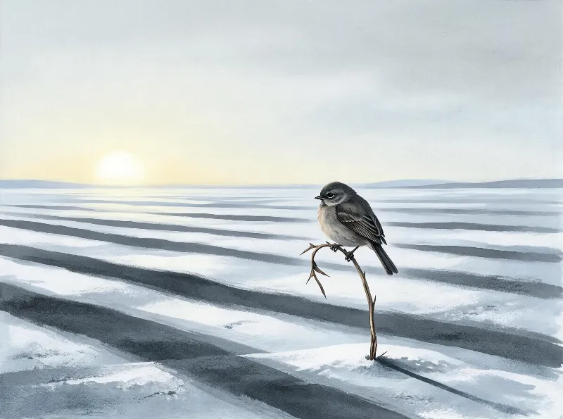 A small sparrow perched on a thin bare branch in a vast snowy field at dawn, with the sun low on the horizon casting soft light across white and gray landscape