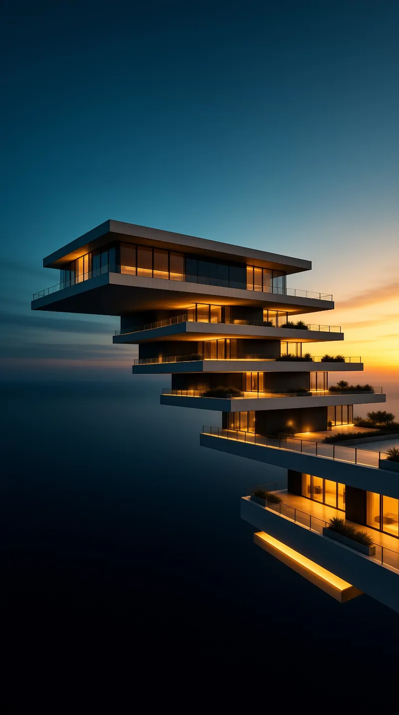 Cantilevered architectural levels float above a dark sea as warm interior lighting contrasts with the twilight sky.