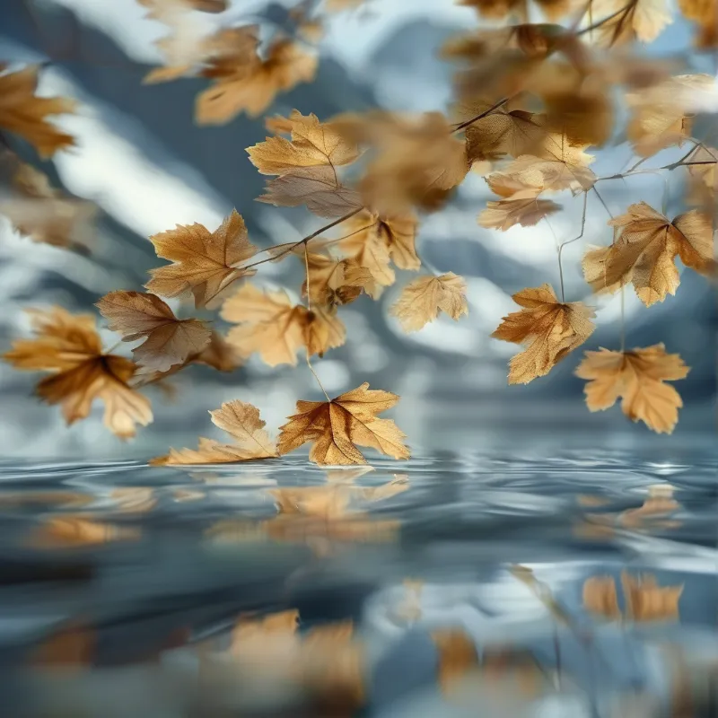 Dried amber maple leaves hang above calm rippled lake, their muted reflections seen in the cool blue water below.