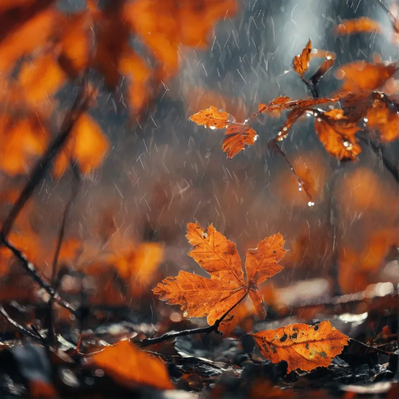 Wet orange maple leaves rest on dark twigs while rain falls through a soft background of warm foliage.
