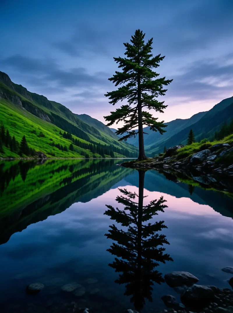 A single conifer stands on a rocky point while green slopes and a pink dusk sky double themselves in still water.
