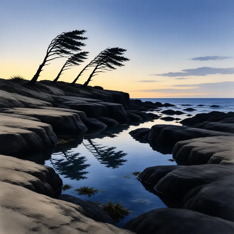 A calm tidal pool nestled between smooth coastal rocks reflects silhouettes of wind bent trees under a fading blue dusk sky.