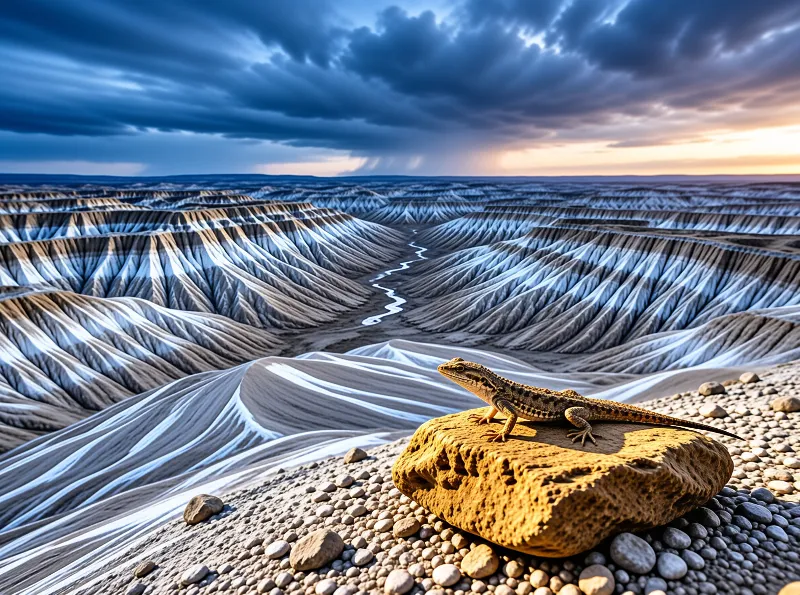A lizard rests on a sunlit rock amidst eroded desert terrain under a dark cloudy sky