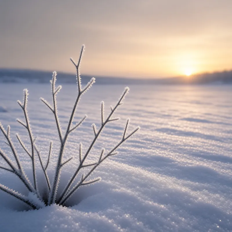 Frosty twigs emerge from deep snow while a bright sun casts a warm glow across the distant landscape.