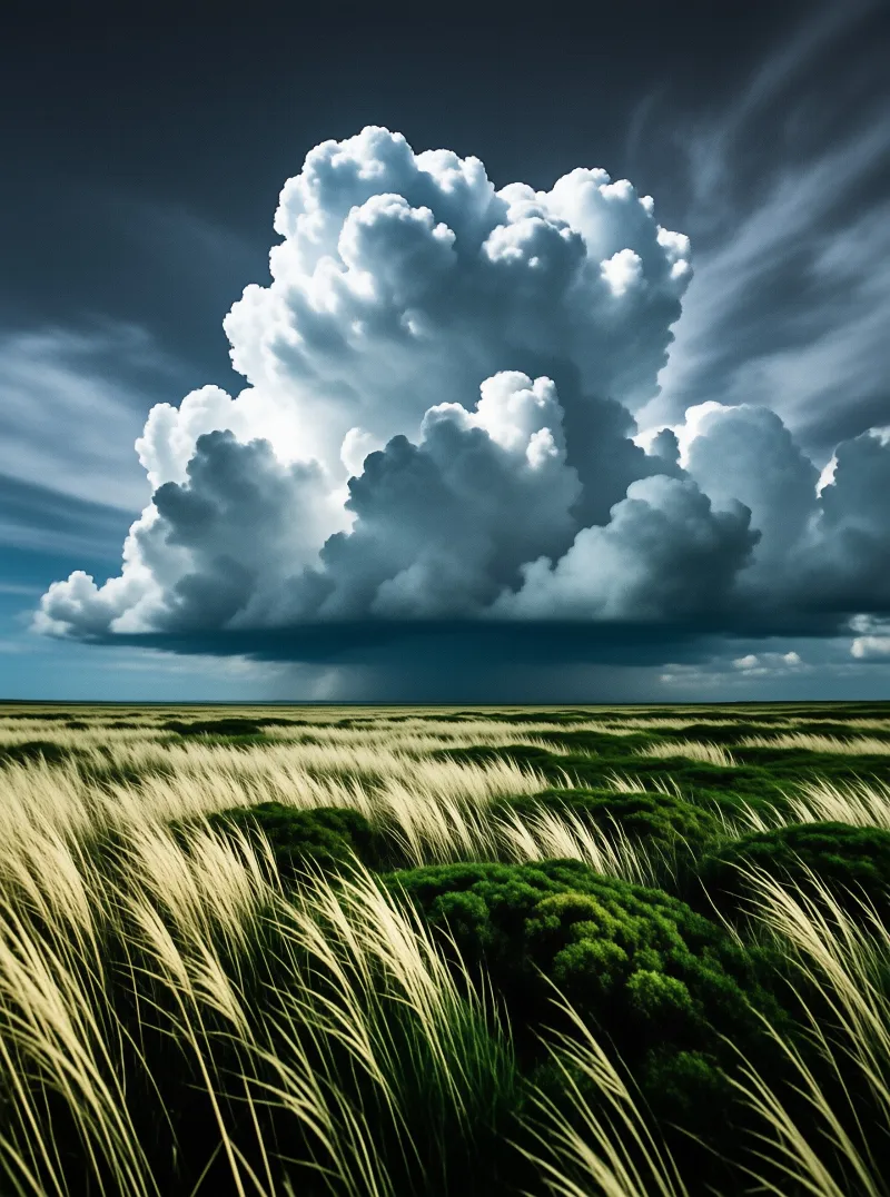 A massive white and grey storm cloud dominates the dark sky above a vast field of tall golden reeds blowing in the wind.