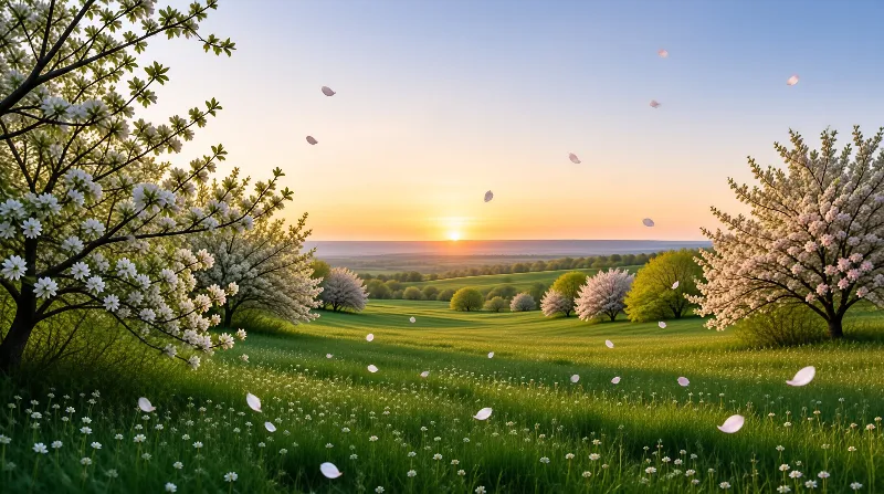White petals drift through the air above a grassy field during a warm sunset.