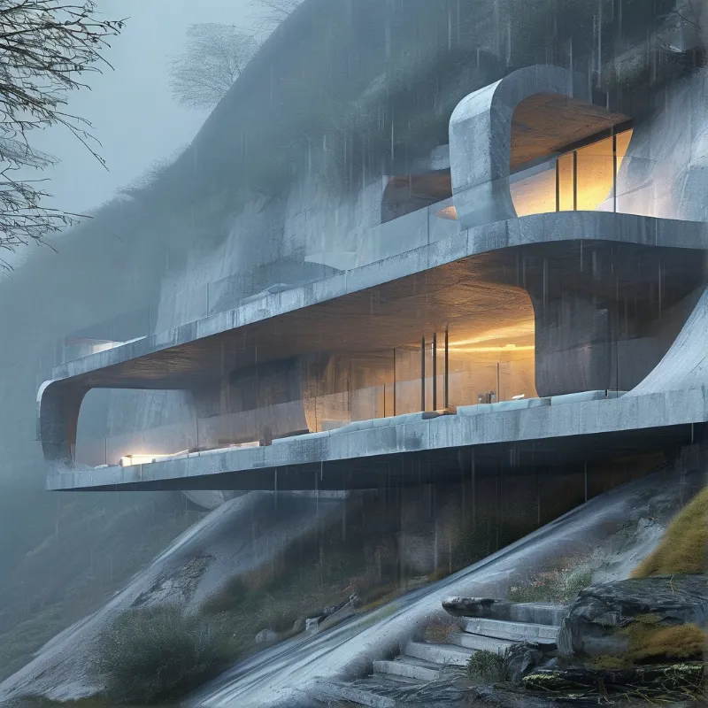 A massive concrete structure juts out from a foggy slope, revealing warm interior lights amidst the cool, rainy atmosphere.