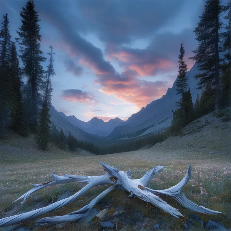 A weathered bleached fallen conifer sits on a mountain meadow as pink dusk clouds glow over distant peaks.