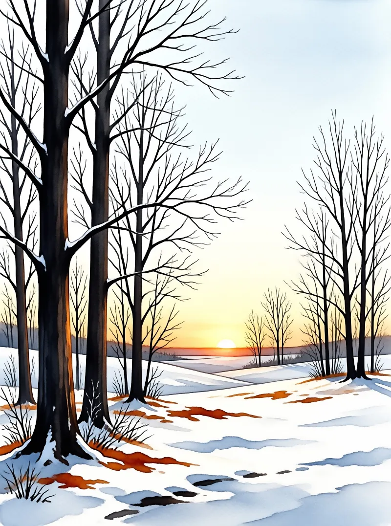 Tall bare trees line a snowy field under a warm sunset sky with patches of exposed earth