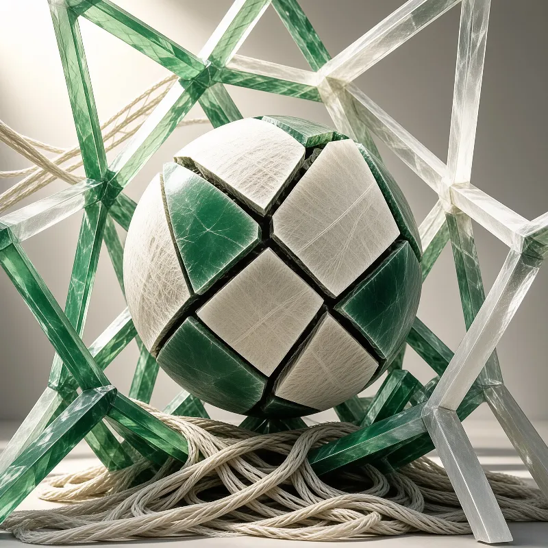 A segmented green and white sphere rests inside a transparent geometric framework supported by coiled ropes.