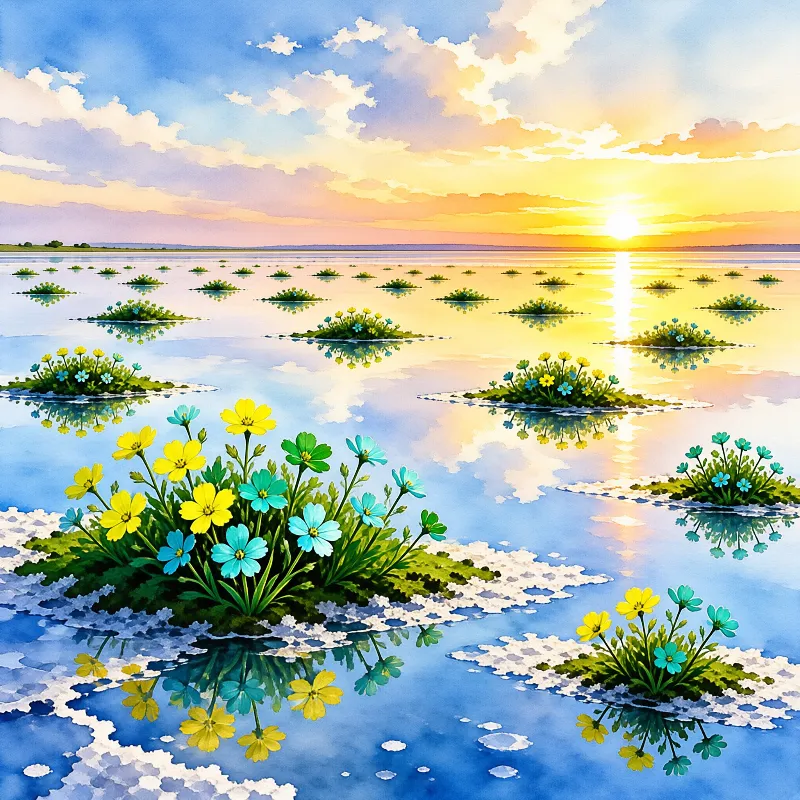 Small islands covered in yellow and blue wildflowers float on calm water reflecting a colorful sky during sunset.