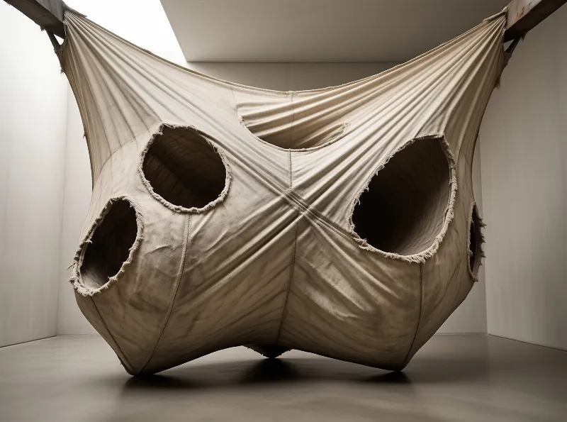 Beige fabric installation suspended in a white room with cutouts and frayed edges under soft light.