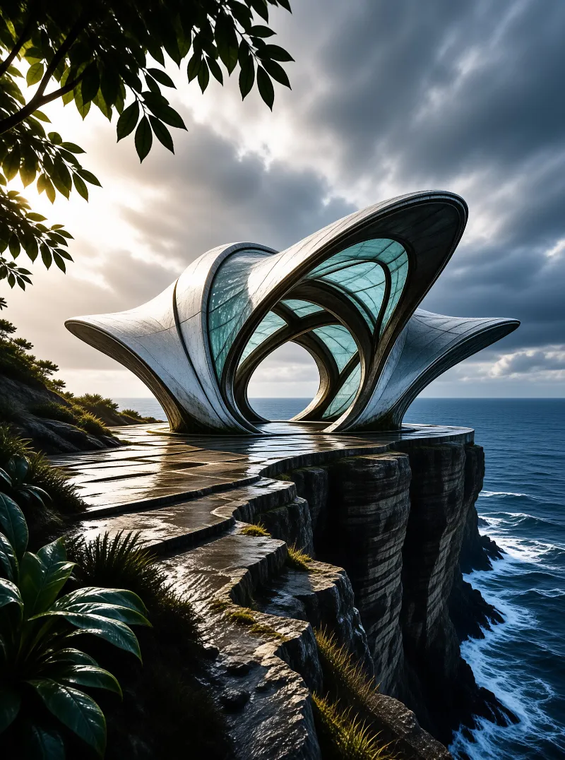 A sculptural glass and steel dome perches on a rocky headland above the rolling ocean surf.