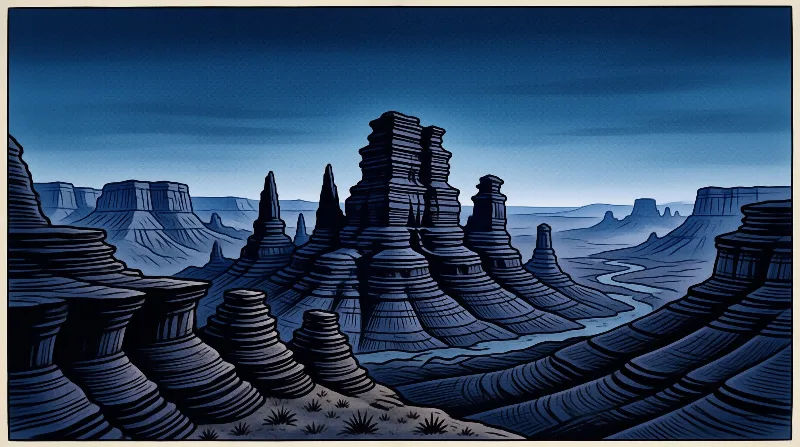 Graphic hoodoos and mesas rise in monochrome blue tones as a pale river winds through the canyon.