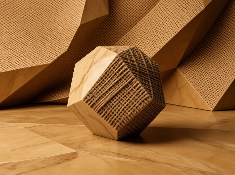 A many sided object pairs pale timber faces with open basket weave, balanced in warm brown light.