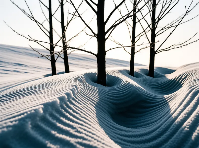 Slender leafless saplings rise from wind-carved ridges of white snow sculpted into soft waves under a pale winter sky