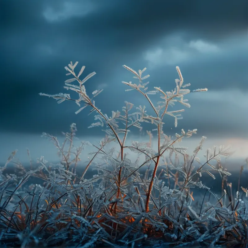 Slender dried plant stems are coated in fine white frost with soft cool light filtering from a dark stormy overcast sky behind them.