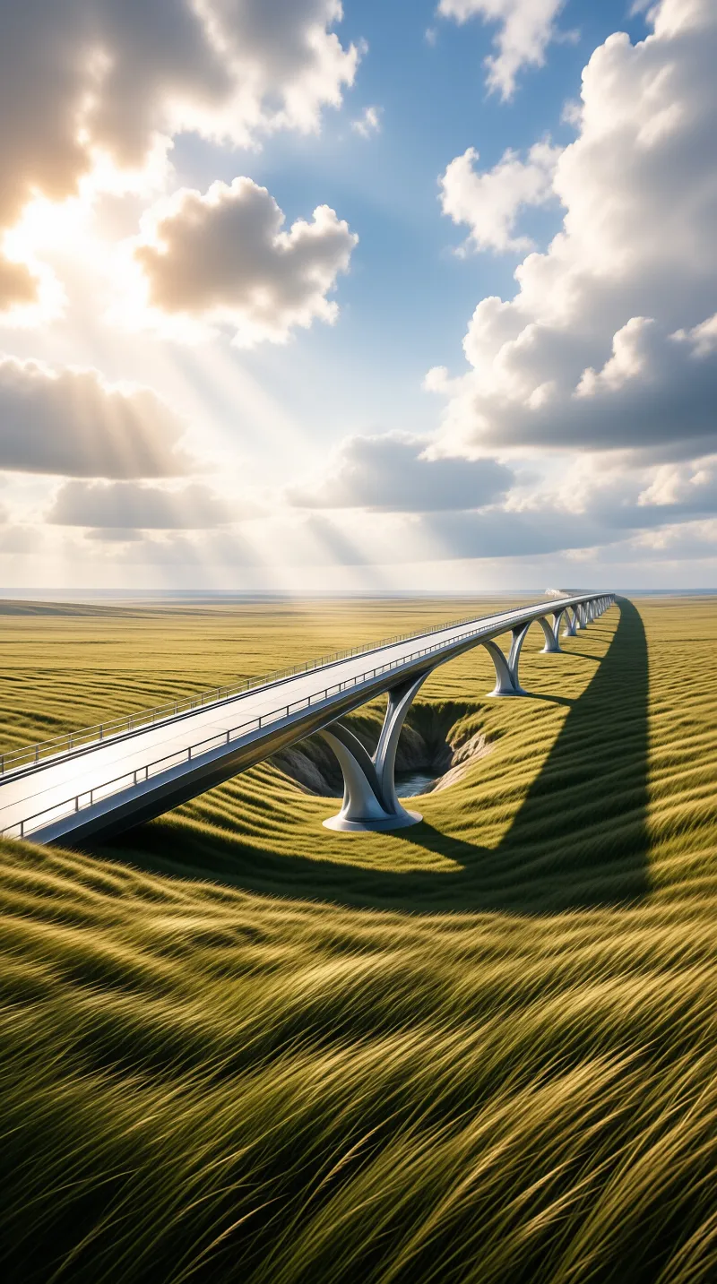 A long highway stretches across a green valley while bright sunbeams cut through the clouds above the rolling grass.