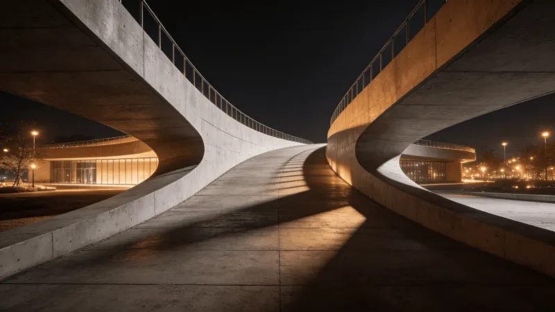 Bridge with Curved Concrete — Night With Warm Lights