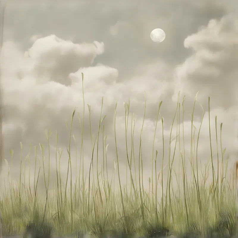 Tall thin grasses stand against a cloudy sky with a bright white moon visible above the misty field.