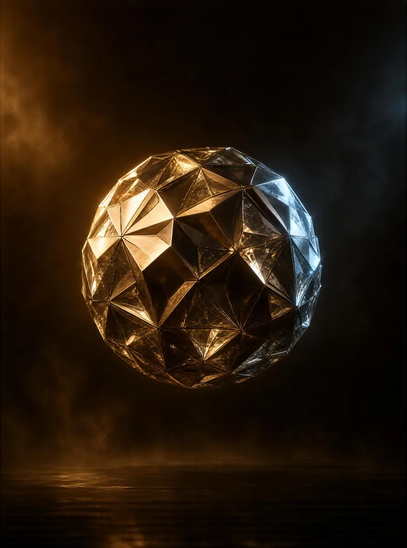 A reflective faceted sphere floats in a dark space, illuminated by warm golden and cool blue light, with a subtle reflection on the surface below.
