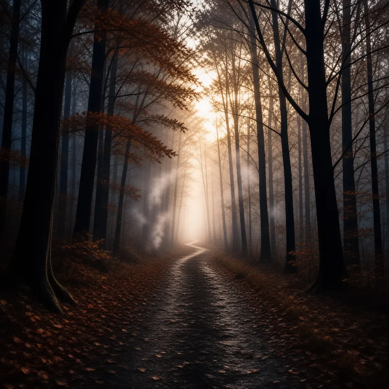 A winding path disappears into bright sunlight breaking through tall trees in a foggy forest with fallen leaves.