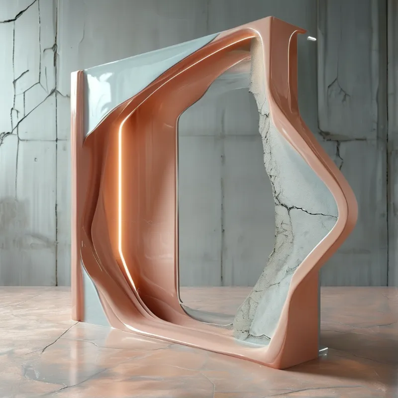 A glossy organic loop of salmon colored material rises out of a pale concrete slab marked with fine cracks.