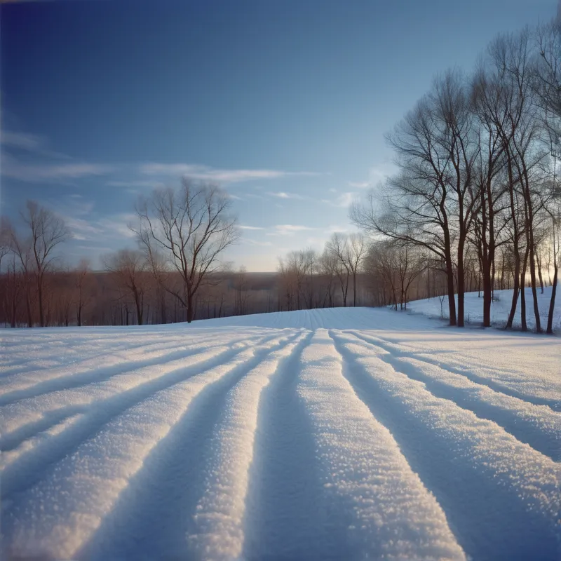 A snowy field shows tire tracks under a clear blue sky with leafless trees lining the horizon at dawn.