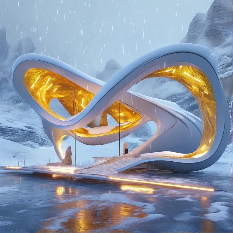 A smooth white pavilion curves into a glowing golden loop, standing on wet ground in falling snow.