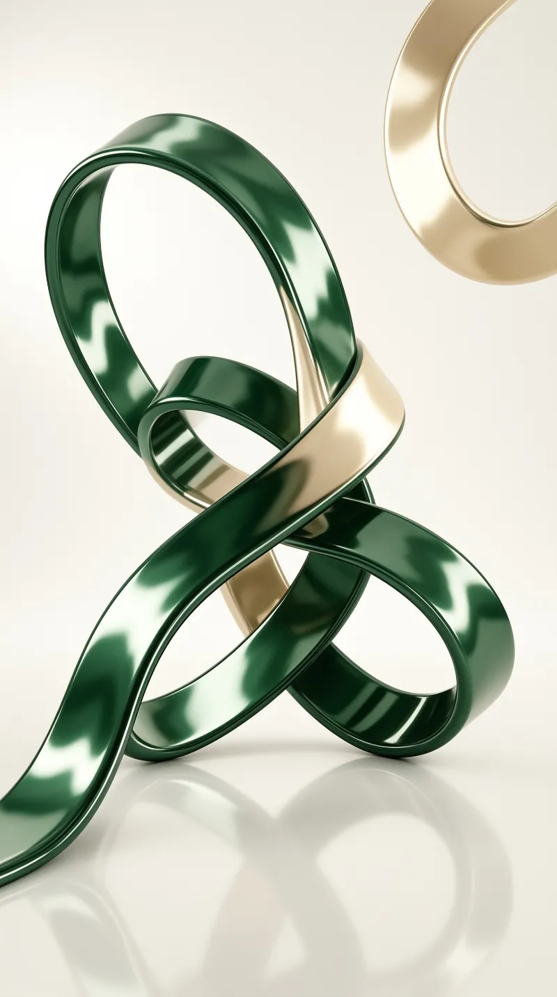 A glossy emerald green ribbon twists into looping curves beside a champagne gold band on a pale reflective surface