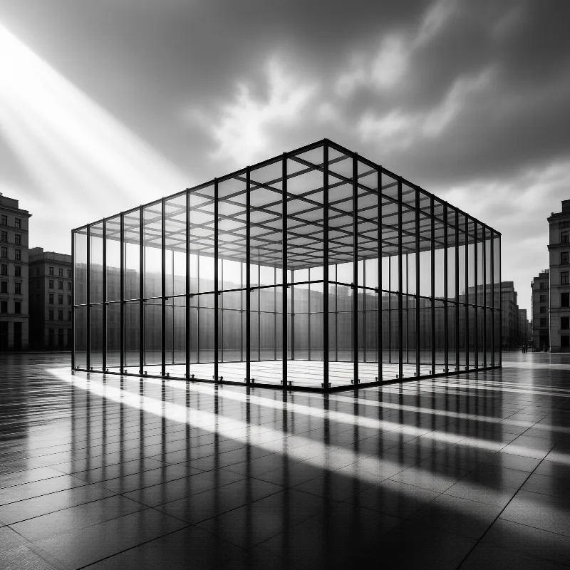 A large glass box with a metal grid stands on a wet plaza as a sunbeam cuts through clouds and reflects on the ground.